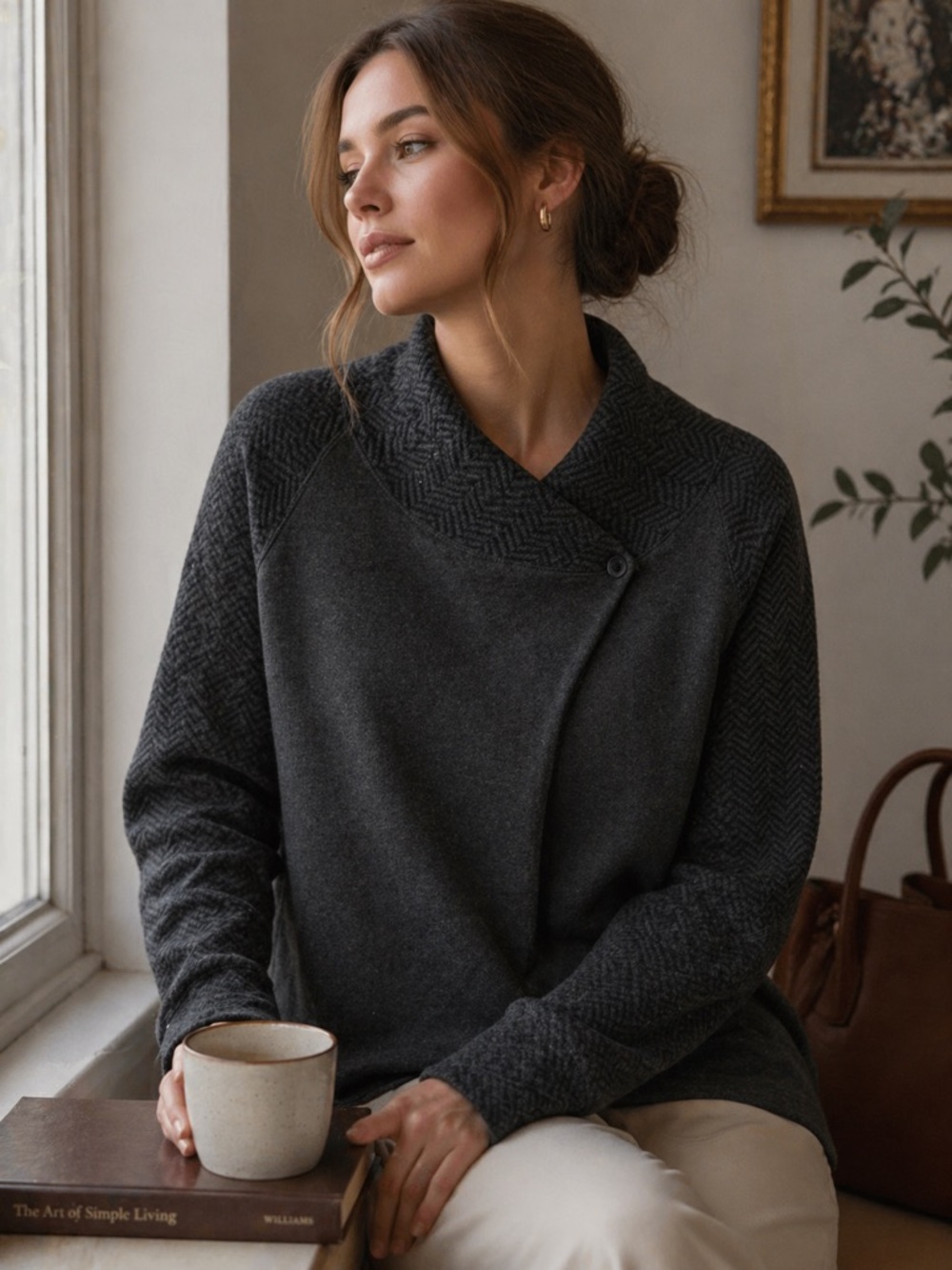 Artisan NY Charcoal Herringbone Button Neck Pullover Sweater Medium
